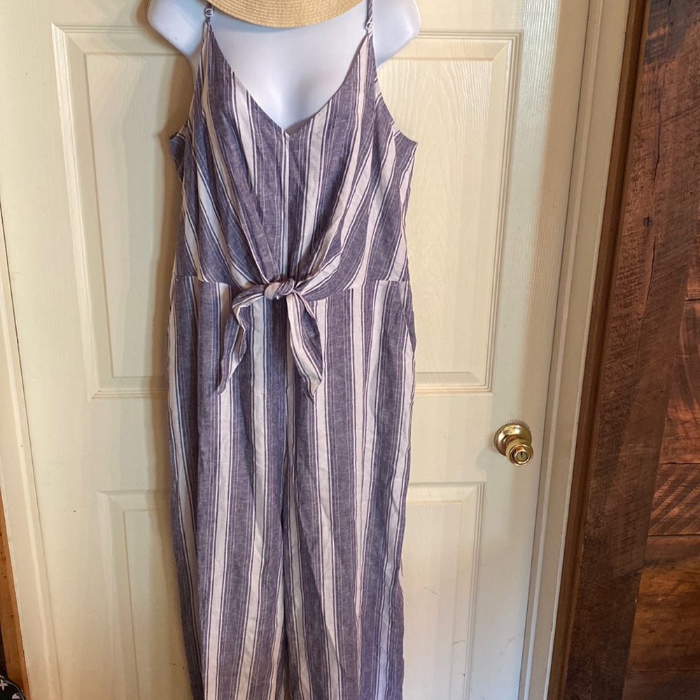 LOFT Blue and White Striped Tie-Front Jumpsuit